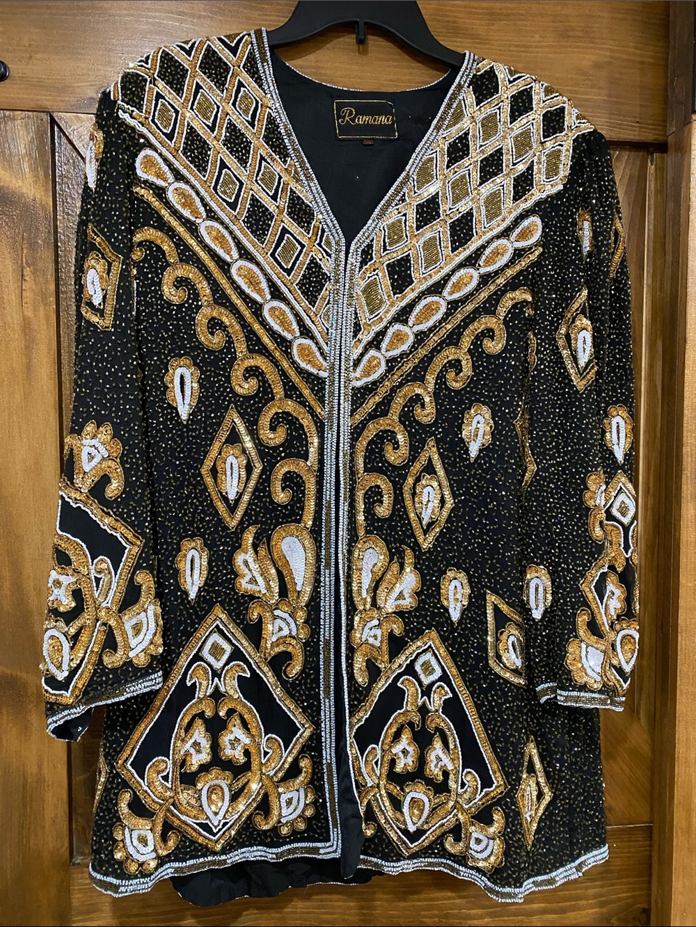 Elegant Embellished Black & Gold Beaded Women’s Sweater Cardigan